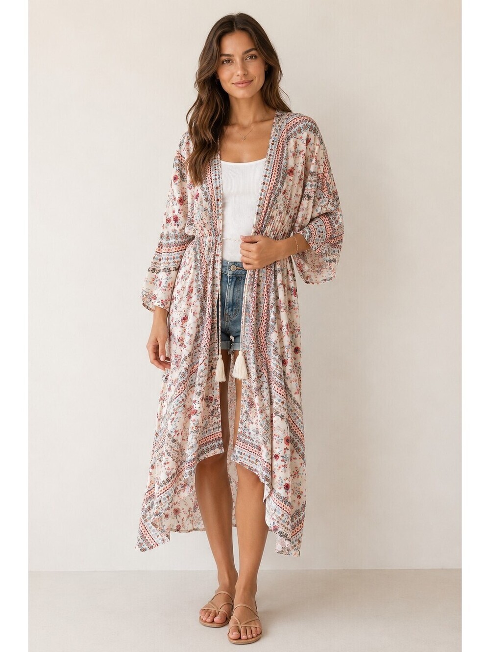 Alya Floral Boho Kimono Duster Cardigan Cover Up Rayon Tassel Tie Size L/XL